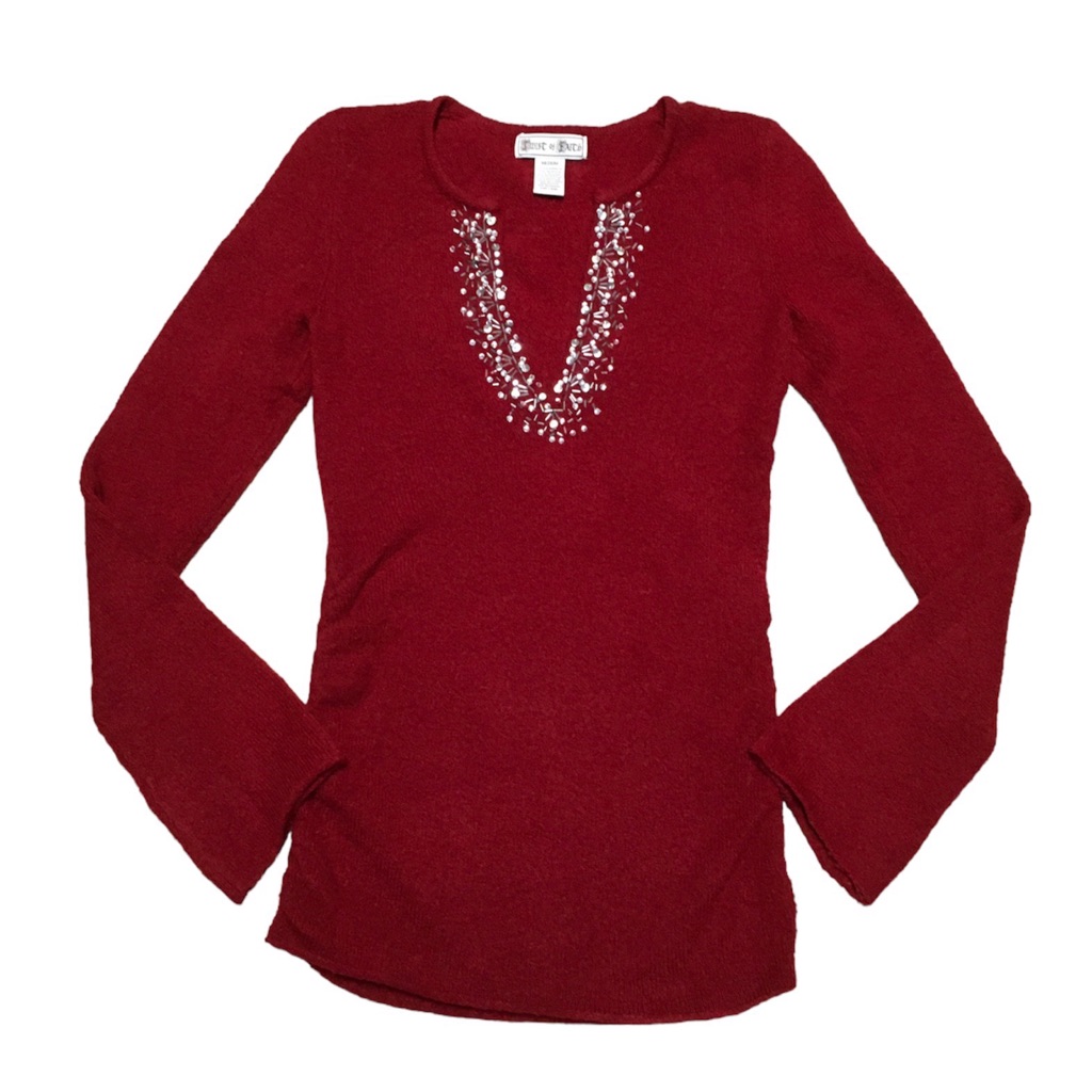 Y2k Tunic Women’s M Red Sequin Ruched Beaded V Neck Casual Long Sleeve Sweater